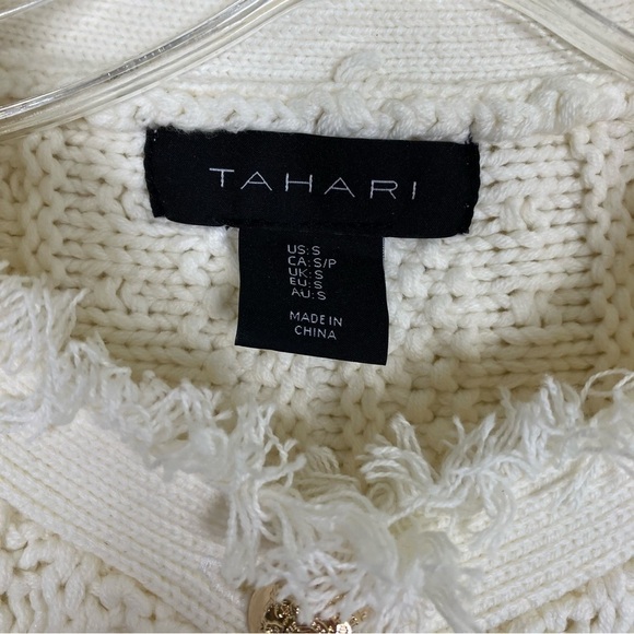 Tahari Button Up Fringe Cable Knit Cardigan Sweater Blazer Ivory Luxury Elegant - Picture 12 of 16